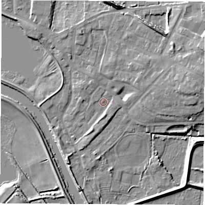 Shaded relief map of the ground around WF102DQ, computed from Environment Agency LiDAR. The ground here sits at about 13 m above sea level and falls 13 m across the surrounding 800 m. Surface water reaching this point runs off ground lying to the east-north-east, 8.2 m higher.