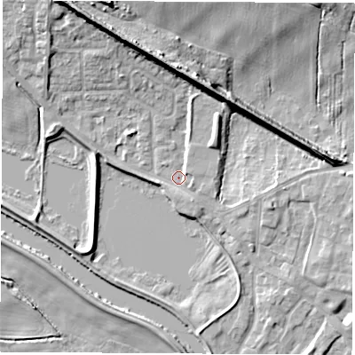 Shaded relief map of the ground around WF102DR, computed from Environment Agency LiDAR. The ground here sits at about 14 m above sea level and falls 18 m across the surrounding 800 m. Surface water reaching this point runs off ground lying to the north-east, 3.5 m higher.