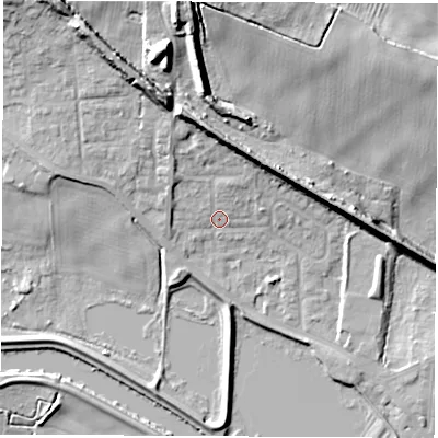 Shaded relief map of the ground around WF102DS, computed from Environment Agency LiDAR. The ground here sits at about 16 m above sea level and falls 25 m across the surrounding 800 m. Surface water reaching this point runs off ground lying to the north, 11.0 m higher.