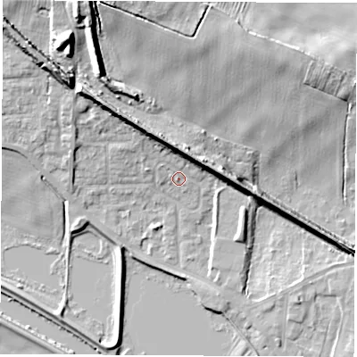 Shaded relief map of the ground around WF102DW, computed from Environment Agency LiDAR. The ground here sits at about 16 m above sea level and falls 24 m across the surrounding 800 m. Surface water reaching this point runs off ground lying to the north-north-west, 9.1 m higher.