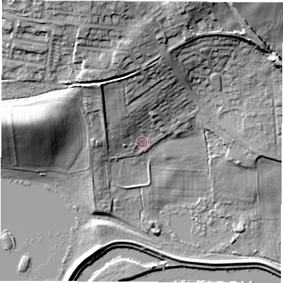 Shaded relief map of the ground around WF102EW, computed from Environment Agency LiDAR. The ground here sits at about 17 m above sea level and falls 25 m across the surrounding 800 m. Surface water reaching this point runs off ground lying to the north, 12.7 m higher.