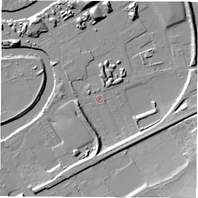 Shaded relief map of the ground around WF102FA, computed from Environment Agency LiDAR. The ground here sits at about 13 m above sea level and falls 25 m across the surrounding 800 m. Surface water reaching this point runs off ground lying to the south, 9.5 m higher.