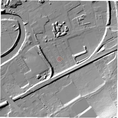 Shaded relief map of the ground around WF102FD, computed from Environment Agency LiDAR. The ground here sits at about 12 m above sea level and falls 46 m across the surrounding 800 m. Surface water reaching this point runs off ground lying to the south-south-west, 9.5 m higher.