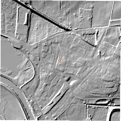 Shaded relief map of the ground around WF102GH, computed from Environment Agency LiDAR. The ground here sits at about 15 m above sea level and falls 15 m across the surrounding 800 m. Surface water reaching this point runs off ground lying to the north-east, 5.3 m higher.