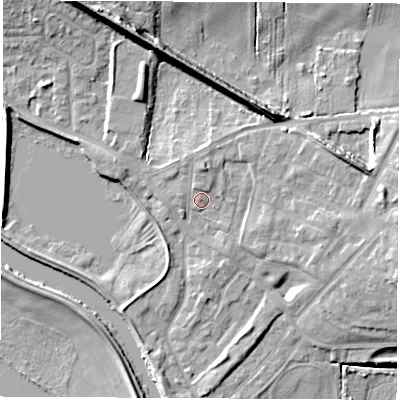 Shaded relief map of the ground around WF102GL, computed from Environment Agency LiDAR. The ground here sits at about 15 m above sea level and falls 15 m across the surrounding 800 m. Surface water reaching this point runs off ground lying to the east-north-east, 5.5 m higher.