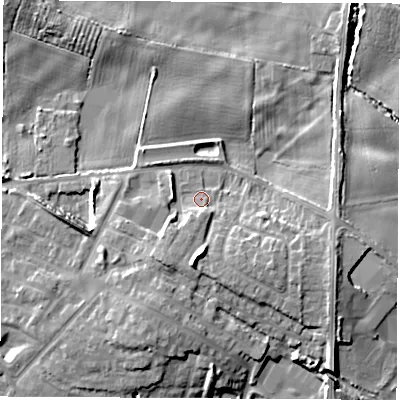 Shaded relief map of the ground around WF102GQ, computed from Environment Agency LiDAR. The ground here sits at about 15 m above sea level and falls 11 m across the surrounding 800 m. Surface water reaching this point runs off ground lying to the south-south-west, 5.2 m higher.