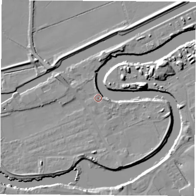 Shaded relief map of the ground around WF102JA, computed from Environment Agency LiDAR. The ground here sits at about 12 m above sea level and falls 13 m across the surrounding 800 m. Surface water reaching this point runs off ground lying to the south-west, 4.6 m higher.