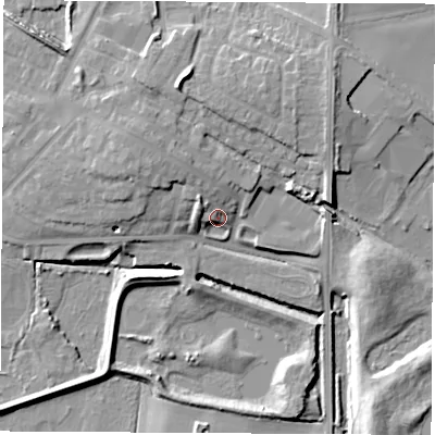 Shaded relief map of the ground around WF102JB, computed from Environment Agency LiDAR. The ground here sits at about 15 m above sea level and falls 13 m across the surrounding 800 m. Surface water reaching this point runs off ground lying to the north-north-west, 6.0 m higher.