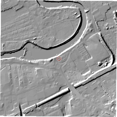 Shaded relief map of the ground around WF102JD, computed from Environment Agency LiDAR. The ground here sits at about 14 m above sea level and falls 17 m across the surrounding 800 m. Surface water reaching this point runs off ground lying to the west-north-west, 1.4 m higher.