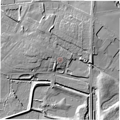 Shaded relief map of the ground around WF102JH, computed from Environment Agency LiDAR. The ground here sits at about 18 m above sea level and falls 13 m across the surrounding 800 m. Surface water reaching this point runs off ground lying to the north-west, 3.6 m higher.
