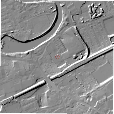 Shaded relief map of the ground around WF102JJ, computed from Environment Agency LiDAR. The ground here sits at about 12 m above sea level and falls 21 m across the surrounding 800 m. Surface water reaching this point runs off ground lying to the south-south-east, 10.2 m higher.