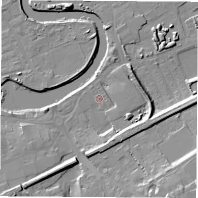 Shaded relief map of the ground around WF102JL, computed from Environment Agency LiDAR. The ground here sits at about 13 m above sea level and falls 20 m across the surrounding 800 m. Surface water reaching this point runs off ground lying to the south-south-east, 10.2 m higher.