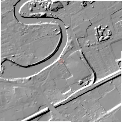 Shaded relief map of the ground around WF102JP, computed from Environment Agency LiDAR. The ground here sits at about 13 m above sea level and falls 18 m across the surrounding 800 m. Surface water reaching this point runs off ground lying to the south-east, 2.0 m higher.