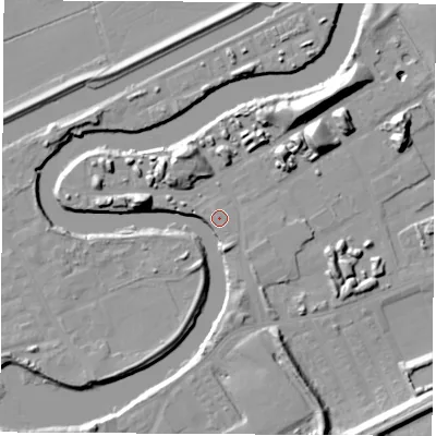 Shaded relief map of the ground around WF102JT, computed from Environment Agency LiDAR. The ground here sits at about 13 m above sea level and falls 17 m across the surrounding 800 m. Surface water reaching this point runs off ground lying to the south-south-east, 1.4 m higher.