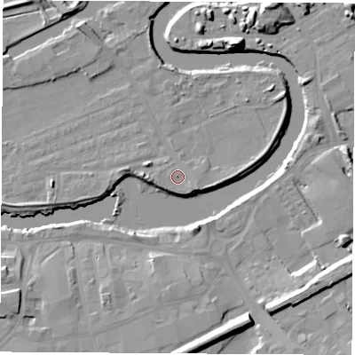 Shaded relief map of the ground around WF102JU, computed from Environment Agency LiDAR. The ground here sits at about 13 m above sea level and falls 13 m across the surrounding 800 m. Surface water reaching this point runs off ground lying to the east-south-east, 1.6 m higher.