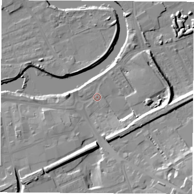 Shaded relief map of the ground around WF102JW, computed from Environment Agency LiDAR. The ground here sits at about 13 m above sea level and falls 19 m across the surrounding 800 m. Surface water reaching this point runs off ground lying to the south-east, 10.2 m higher.