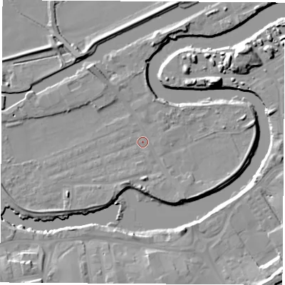 Shaded relief map of the ground around WF102JZ, computed from Environment Agency LiDAR. The ground here sits at about 12 m above sea level and falls 13 m across the surrounding 800 m. Surface water reaching this point runs off ground lying to the south-west, 4.2 m higher.