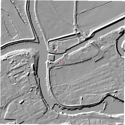 Shaded relief map of the ground around WF102LA, computed from Environment Agency LiDAR. The ground here sits at about 13 m above sea level and falls 10 m across the surrounding 800 m. Surface water reaching this point runs off ground lying to the west-north-west, 2.5 m higher.