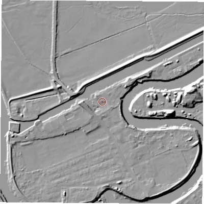 Shaded relief map of the ground around WF102LB, computed from Environment Agency LiDAR. The ground here sits at about 12 m above sea level and falls 13 m across the surrounding 800 m. Surface water reaching this point runs off ground lying to the east-south-east, 1.9 m higher.