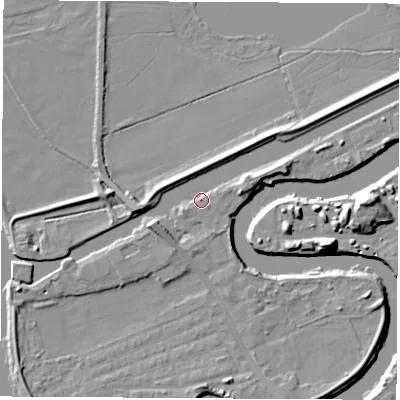 Shaded relief map of the ground around WF102LF, computed from Environment Agency LiDAR. The ground here sits at about 12 m above sea level and falls 13 m across the surrounding 800 m. Surface water reaching this point runs off ground lying to the south-west, 1.6 m higher.