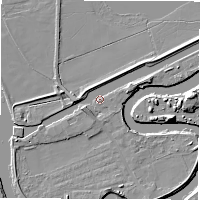 Shaded relief map of the ground around WF102LG, computed from Environment Agency LiDAR. The ground here sits at about 12 m above sea level and falls 13 m across the surrounding 800 m. Surface water reaching this point runs off ground lying to the west, 5.4 m higher.