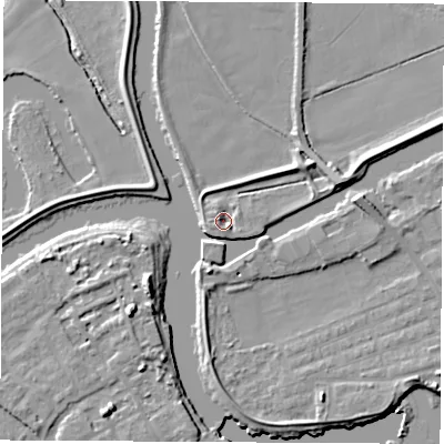 Shaded relief map of the ground around WF102LN, computed from Environment Agency LiDAR. The ground here sits at about 13 m above sea level and falls 10 m across the surrounding 800 m. Surface water reaching this point runs off ground lying to the west-north-west, 2.6 m higher.