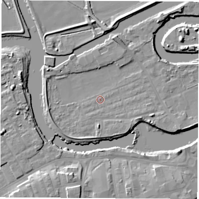 Shaded relief map of the ground around WF102LP, computed from Environment Agency LiDAR. The ground here sits at about 12 m above sea level and falls 11 m across the surrounding 800 m. Surface water reaching this point runs off ground lying to the south-south-west, 1.0 m higher.