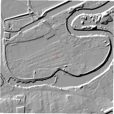 Shaded relief map of the ground around WF102LR, computed from Environment Agency LiDAR. The ground here sits at about 12 m above sea level and falls 13 m across the surrounding 800 m. Surface water reaching this point runs off ground lying to the south-west, 4.1 m higher.