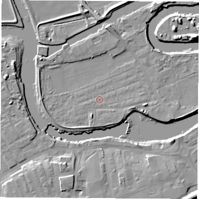 Shaded relief map of the ground around WF102LS, computed from Environment Agency LiDAR. The ground here sits at about 12 m above sea level and falls 13 m across the surrounding 800 m. Surface water reaching this point runs off ground lying to the west-south-west, 0.9 m higher.