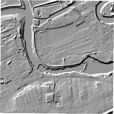 Shaded relief map of the ground around WF102LT, computed from Environment Agency LiDAR. The ground here sits at about 13 m above sea level and falls 12 m across the surrounding 800 m. Surface water reaching this point runs off ground lying to the south-south-west, 0.6 m higher.