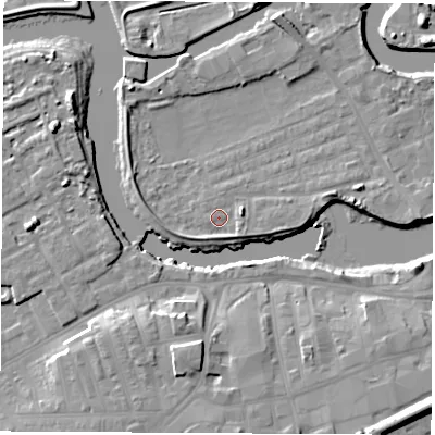 Shaded relief map of the ground around WF102LU, computed from Environment Agency LiDAR. The ground here sits at about 13 m above sea level and falls 12 m across the surrounding 800 m. Surface water reaching this point runs off ground lying to the east, 2.9 m higher.