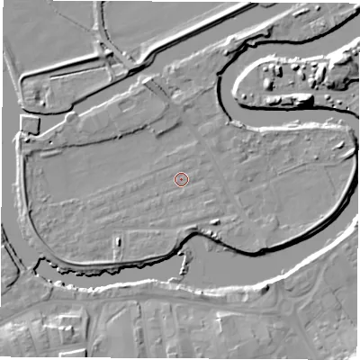 Shaded relief map of the ground around WF102LW, computed from Environment Agency LiDAR. The ground here sits at about 12 m above sea level and falls 13 m across the surrounding 800 m. Surface water reaching this point runs off ground lying to the south-west, 4.1 m higher.