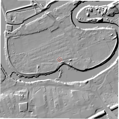Shaded relief map of the ground around WF102LX, computed from Environment Agency LiDAR. The ground here sits at about 13 m above sea level and falls 13 m across the surrounding 800 m. Surface water reaching this point runs off ground lying to the south-south-east, 1.5 m higher.