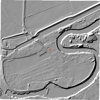 Shaded relief map of the ground around WF102LY, computed from Environment Agency LiDAR. The ground here sits at about 12 m above sea level and falls 13 m across the surrounding 800 m. Surface water reaching this point runs off ground lying to the west, 4.8 m higher.