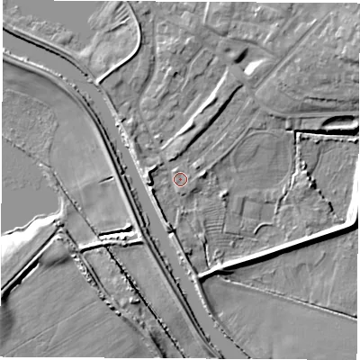 Shaded relief map of the ground around WF102PG, computed from Environment Agency LiDAR. The ground here sits at about 13 m above sea level and falls 11 m across the surrounding 800 m. Surface water reaching this point runs off ground lying to the north-east, 7.3 m higher.