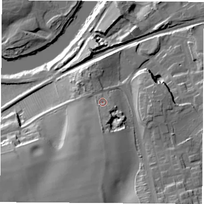 Shaded relief map of the ground around WF102PJ, computed from Environment Agency LiDAR. The ground here sits at about 32 m above sea level and falls 41 m across the surrounding 800 m. Surface water reaching this point runs off ground lying to the south, 4.2 m higher.