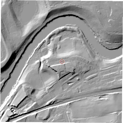 Shaded relief map of the ground around WF102PL, computed from Environment Agency LiDAR. The ground here sits at about 23 m above sea level and falls 25 m across the surrounding 800 m. Surface water reaching this point runs off ground lying to the south-south-west, 5.0 m higher.