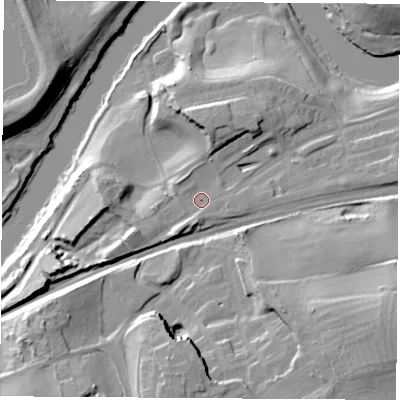 Shaded relief map of the ground around WF102QH, computed from Environment Agency LiDAR. The ground here sits at about 21 m above sea level and falls 28 m across the surrounding 800 m. Surface water reaching this point runs off ground lying to the south-west, 5.0 m higher.