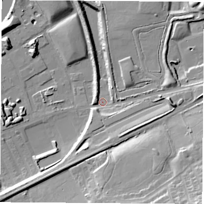 Shaded relief map of the ground around WF102RH, computed from Environment Agency LiDAR. The ground here sits at about 12 m above sea level and falls 35 m across the surrounding 800 m. Surface water reaching this point runs off ground lying to the east, 15.1 m higher.