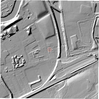 Shaded relief map of the ground around WF102RJ, computed from Environment Agency LiDAR. The ground here sits at about 11 m above sea level and falls 28 m across the surrounding 800 m. Surface water reaching this point runs off ground lying to the east, 16.5 m higher.