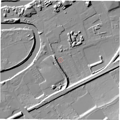 Shaded relief map of the ground around WF102RL, computed from Environment Agency LiDAR. The ground here sits at about 12 m above sea level and falls 24 m across the surrounding 800 m. Surface water reaching this point runs off ground lying to the south, 9.5 m higher.