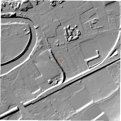 Shaded relief map of the ground around WF102RN, computed from Environment Agency LiDAR. The ground here sits at about 12 m above sea level and falls 33 m across the surrounding 800 m. Surface water reaching this point runs off ground lying to the south, 9.5 m higher.