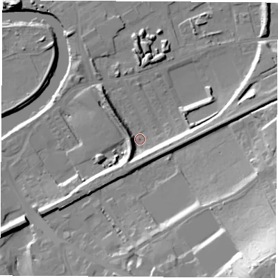 Shaded relief map of the ground around WF102RP, computed from Environment Agency LiDAR. The ground here sits at about 13 m above sea level and falls 44 m across the surrounding 800 m. Surface water reaching this point runs off ground lying to the south, 9.2 m higher.
