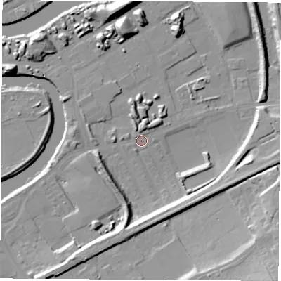 Shaded relief map of the ground around WF102RR, computed from Environment Agency LiDAR. The ground here sits at about 12 m above sea level and falls 24 m across the surrounding 800 m. Surface water reaching this point runs off ground lying to the south-south-west, 1.3 m higher.
