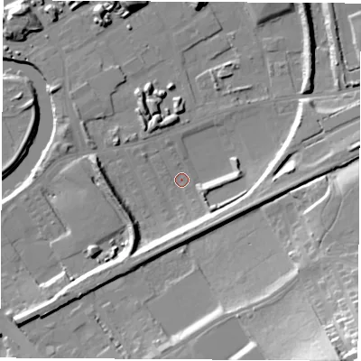 Shaded relief map of the ground around WF102RS, computed from Environment Agency LiDAR. The ground here sits at about 12 m above sea level and falls 41 m across the surrounding 800 m. Surface water reaching this point runs off ground lying to the east, 12.2 m higher.