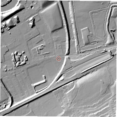Shaded relief map of the ground around WF102RT, computed from Environment Agency LiDAR. The ground here sits at about 12 m above sea level and falls 35 m across the surrounding 800 m. Surface water reaching this point runs off ground lying to the east, 15.4 m higher.