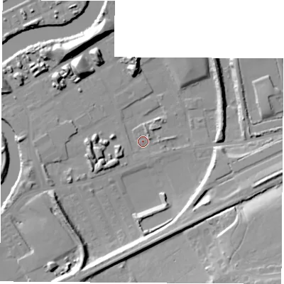 Shaded relief map of the ground around WF102RU, computed from Environment Agency LiDAR. The ground here sits at about 11 m above sea level and falls 23 m across the surrounding 800 m. Surface water reaching this point runs off ground lying to the south-west, 4.2 m higher.