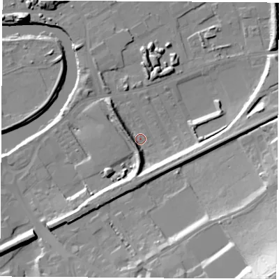 Shaded relief map of the ground around WF102RW, computed from Environment Agency LiDAR. The ground here sits at about 12 m above sea level and falls 43 m across the surrounding 800 m. Surface water reaching this point runs off ground lying to the south-south-east, 9.3 m higher.