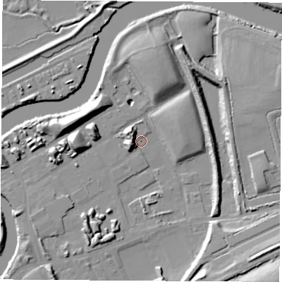 Shaded relief map of the ground around WF102RY, computed from Environment Agency LiDAR. The ground here sits at about 11 m above sea level and falls 21 m across the surrounding 800 m. Surface water reaching this point runs off ground lying to the west-south-west, 8.6 m higher.