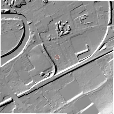 Shaded relief map of the ground around WF102SB, computed from Environment Agency LiDAR. The ground here sits at about 12 m above sea level and falls 41 m across the surrounding 800 m. Surface water reaching this point runs off ground lying to the south, 9.4 m higher.